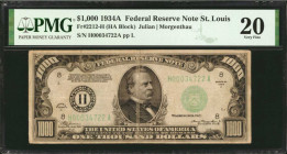 Federal Reserve Notes

Fr. 2212-H. 1934A $1000 Federal Reserve Note. St. Louis. PMG Very Fine 20.

A Very Fine offering of this St. Louis high den...