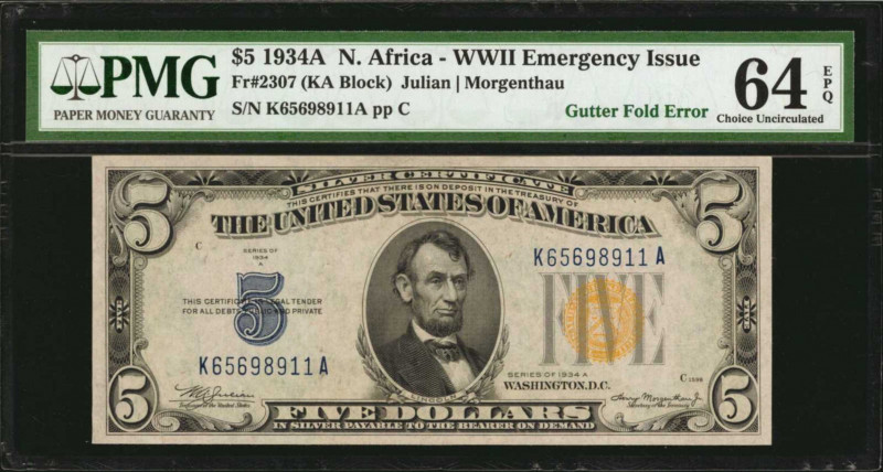 Gutter Folds

Fr. 2307. 1934A $5 North Africa Emergency Note. PMG Choice Uncir...