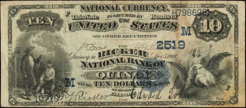 Illinois

Quincy, Illinois. $10 1882 Date Back. Fr. 545. The Ricker NB. Charte...