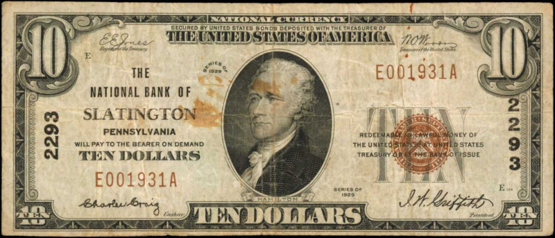 Pennsylvania

Slatington, Pennsylvania. $10 1929 Ty. 1. Fr. 1801-1. The NB. Ch...