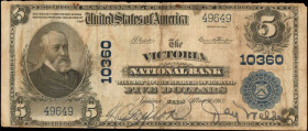 Texas

Victoria, Texas. $5 1902 Plain Back. Fr. 603. The Victoria NB. Charter #10360. Very Fine.

Rust and margin wear are found on this Texas nat...