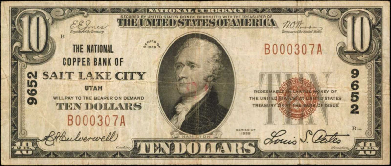 Utah

Salt Lake City, Utah. $10 1929 Ty. 1. Fr. 1801-1. The National Copper Ba...