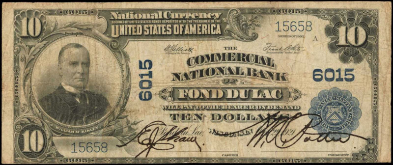 Wisconsin

Fond Du Lac, Wisconsin. $10 1902 Plain Back. The Commercial NB. Cha...