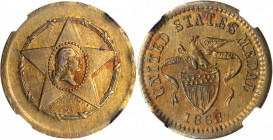 Patriotic Civil War Tokens

1863 Washington Portrait in Star / Eagle Perched on Shield. Fuld-105/199 b, Musante GW-621, Baker-498. Rarity-9. Brass. ...