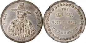 Patriotic Civil War Tokens

1861 I AM READY / THE UNION MUST & SHALL BE PRESERVED. Fuld-147/2267 b (fp), DeWitt-C 1861-C. Rarity-6. Silver-Plated Br...