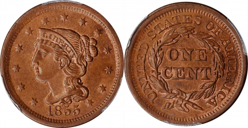 Braided Hair Cent

1855 Braided Hair Cent. Upright 5s. MS-63 BN (PCGS).

PCG...