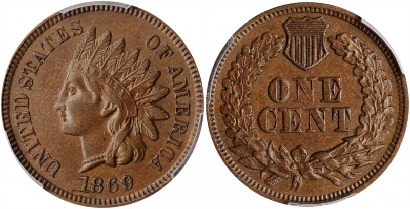 Indian Cent

1869 Indian Cent. AU-58 (PCGS).

PCGS# 2094. NGC ID: 227T.

E...