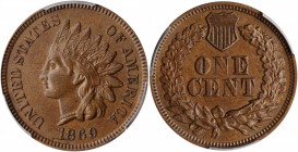 Indian Cent

1869 Indian Cent. AU-58 (PCGS).

PCGS# 2094. NGC ID: 227T.

Estimate: $525