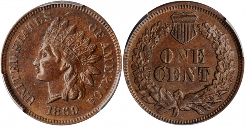 Indian Cent

1869/69 Indian Cent. Snow-3, FS-301. Repunched Date. AU-55 (PCGS)...