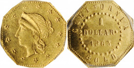 California Small Denomination Gold

1863 Octagonal $1. Restrike. BG-1307A. Rarity-1. Liberty Head. MS-64 (PCGS).

PCGS# 516783.

Estimate: $175