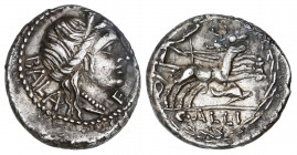 Denario. 92 a.C. AELIA. C. Allius Bala. Anv.: Cabeza diademada de Diana a derecha, delante F, detrás BALA. Rev.: Diana con dos antorchas, en biga arra...