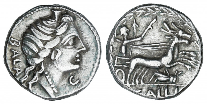 Denario. 92 a.C. AELIA. C. Allius Bala. Anv.: Cabeza diademada de Diana a derech...