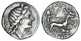 Denario. 92 a.C. AELIA. C. Allius Bala. Anv.: Cabeza diademada de Diana a derecha, delante C, detrás BALA. Rev.: Diana con dos antorchas, en biga arra...