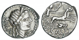Denario. 92 a.C. AELIA. C. Allius Bala. Anv.: Cabeza diademada de Diana a derecha, delante Q, detrás BALA. Rev.: Diana con dos antorchas, en biga arra...