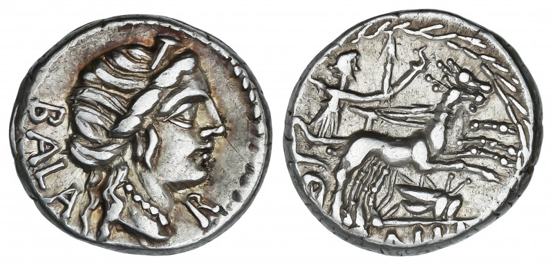 Denario. 92 a.C. AELIA. C. Allius Bala. Anv.: Cabeza diademada de Diana a derech...