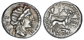 Denario. 92 a.C. AELIA. C. Allius Bala. Anv.: Cabeza diademada de Diana a derecha, delante R, detrás BALA. Rev.: Diana con dos antorchas, en biga arra...