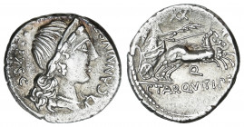 Denario. 82-81 a.C. ANNIA. C. Annius y C. Tarquitus. HISPANIA. Anv.: C. ANNIVS T. F.T.N.PRO. COS. EX. S.C. Busto diademado de Anna Perenna a derecha, ...