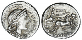 Denario. 82-81 a.C. ANNIA. C. Annius y C. Tarquitus. HISPANIA. Anv.: C.ANNIVS T. F.T.N.PRO. COS. EX. S.C. Busto diademado de Anna Perenna a derecha, b...