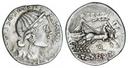 Denario. 82-81 a.C. ANNIA. C. Annius y C. Tarquitus. HISPANIA. Anv.: C. ANNIVS T. F.T.N.PRO. COS. EX. S.C. Busto diademado de Anna Perenna a derecha, ...