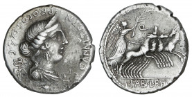 Denario. 82-81 a.C. ANNIA. C. Annius y Lucius Fabius. HISPANIA. Anv.: C.ANNI T.F.T.N. PRO. COS. EX. S.C. Busto diademado de Anna Perenna a derecha, de...