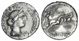 Denario. 82-81 a.C. ANNIA. C. Annius y Lucius Fabius. HISPANIA. Anv.: C.ANNI T.F.T.N. PRO. COS. EX. S.C. Busto diademado de Anna Perenna a derecha, de...