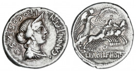 Denario. 82-81 a.C. ANNIA. C. Annius y Lucius Fabius. HISPANIA. Anv.: C. ANNI T.F.T.N. PRO. COS. EX. S.C. Busto diademado de Anna Perenna a derecha. R...