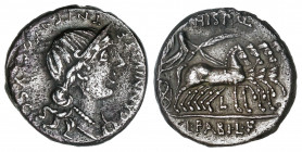 Denario. 82-81 a.C. ANNIA. C. Annius y Lucius Fabius. HISPANIA. Anv.: C. ANNIVS T.F.T.N. PRO. COS. EX. S.C. Busto diademado de Anna Perenna a derecha,...