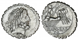 Denario. 83-82 a.C. ANTONIA. Q. Antonius Balbus. Anv.: S.C. Cabeza laureada de Júpiter a derecha, debajo del cuello C. 3,75 grs. AR. BMC-2730-36; Cal-...