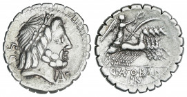 Denario. 83-82 a.C. ANTONIA. Q. Antonius Balbus. Anv.: S.C. Cabeza laureada de Júpiter a derecha, debajo del mentón A ¶. 3,83 grs. AR. BMC-2737-49; Ca...