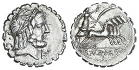 Denario. 83-82 a.C. ANTONIA. Q. Antonius Balbus. Anv.: S.C. Cabeza laureada de Júpiter a derecha, debajo del mentón K ¶. 4,10 grs. AR. Brillo original...