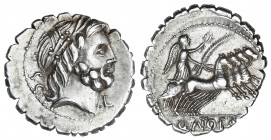 Denario. 83-82 a.C. ANTONIA. Q. Antonius Balbus. Anv.: S.C. Cabeza laureada de Júpiter a derecha, debajo del mentón ¶L. 3,90 grs. AR. Parte de brillo ...