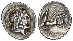 Denario. 83-82 a.C. ANTONIA. Q. Antonius Balbus. Anv.: S.C. Cabeza laureada de Júpiter a derecha, debajo del mentón N ¶. 3,92 grs. AR. Leve pátina dor...