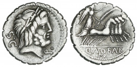 Denario. 83-82 a.C. ANTONIA. Q. Antonius Balbus. Anv.: S.C. Cabeza laureada de Júpiter a derecha, debajo del mentón P ¶. 3,72 grs. AR. (oxidaciones li...