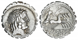 Denario. 83-82 a.C. ANTONIA. Q. Antonius Balbus. Anv.: S.C. Cabeza laureada de Júpiter a derecha, debajo del mentón ¶S. 3,83 grs. AR. BMC-2737-49; Cal...