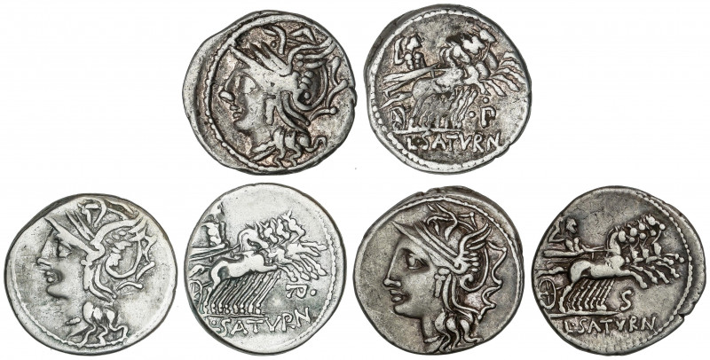 Lote 3 monedas Denario. 104 a.C. APPULEIA. Lucius Appuleius Saturninus. AR. Toda...