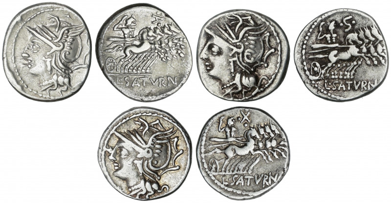 Lote 3 monedas Denario. 104 a.C. APPULEIA. Lucius Appuleius Saturninus. AR. Toda...