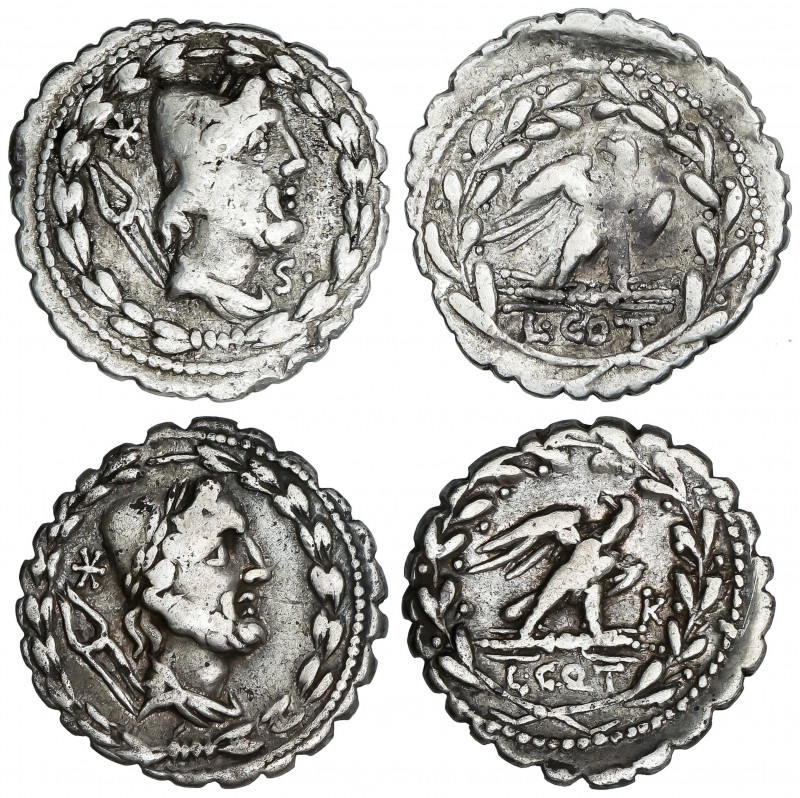 Lote 2 monedas Denario. 105 a.C. AURELIA. Lucius Aurelius Cotta. AR. En anverso:...