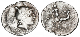 Denario. 71 a.C. AXIA. Lucius Axius L.f. Naso. Anv.: Cabeza de Marte a derecha entre VII y SC. Rev.: Diana en biga tirada por ciervos a derecha, segui...