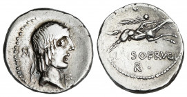 Denario. ´ 90-89 a.C. CALPURNIA. L. Calpurnius Piso Frugi. Anv.: Cabeza laureada de Apolo a derecha, detrás M, bajo del mentón F. Rev.: L. PISO FRVGI ...