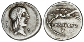 Denario. 90-89 a.C. CALPURNIA. L. Calpurnius Piso Frugi. Anv.: Cabeza laureada de Apolo a derecha, detrás símbolo, bajo el mentón : Rev.: L. PISO FRVG...