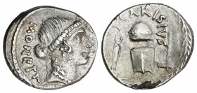 Denario. 46 a.C. CARISIA. T. Carisius. Anv.: Cabeza de Juno a derecha con dos mechones de pelo a lo largo de la nuca, detrás MONETA. Rev.: T. CARISIVS...