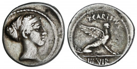 Denario. 46 a.C. CARISIA. T. Carisius. Anv.: Cabeza de Sibila a derecha. Rev.: Esfinge sentada a derecha encima T. CARISIVS. En exergo: III VIR. 3,86 ...