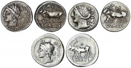 Lote 3 monedas Denario. 102 a.C. CASSIA. L. Cassius Caecianus. AR. En anverso: Cabeza laureada de Ceres a izquierda, detrás (H, K punto debajo y K ¶) ...
