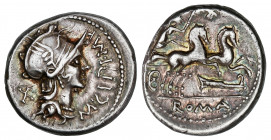 Denario. 115-114 a.C. CIPIA. M. Cipius M.f. Anv.: Cabeza de Roma a derecha M. CIPI. M.F. detrás X. 3,90 grs. AR. Pátina. BMC-522; Cal-422; Craw-289/1;...