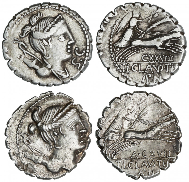 Lote 2 monedas Denario. 79 a.C. CLAUDIA. Ti. Claudius Nero. AR. Las dos con reve...