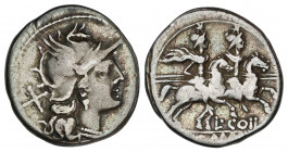 Denario. 189-180 a.C. COELIA o COILIA. L. Coellius. Rev.: Dioscuros a caballo a derecha, encima estrellas, debajo L. COIL. En exergo: ROMA. 3,58 grs. ...