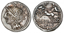 Denario. 104 a.C. COELIA o COILIA. C. Coelius Caldus. Rev.: Victoria en biga a izquierda, encima P. debajo C. COIL / CALD. 3,85 grs. AR. BMC-1435-62; ...
