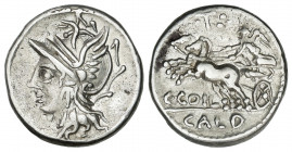 Denario. 104 a.C. COELIA o COILIA. C. Coelius Caldus. Rev.: Victoria en biga a izquierda, encima ¶T :, debajo C. COIL / CALD. 3,89 grs. AR. BMC-1435-6...
