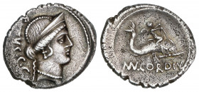 Denario. 46 a.C. CORDIA. Manius Cordius Rufus. Anv.: Cabeza diademada de Venus Verticordia a derecha, detrás R(VF)VS SC. Rev.: Cupido montado en un de...