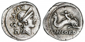 Denario. 46 a.C. CORDIA. Manius Cordius Rufus. Anv.: Cabeza diademada de Venus Verticordia a derecha, distinto peinado y pendientes, detrás RVFVS S.C....
